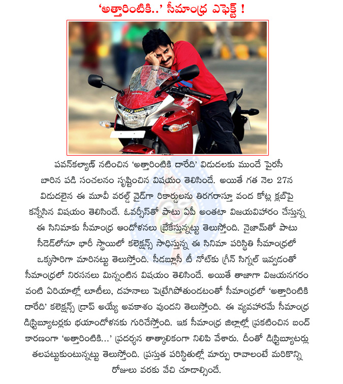 pawan kalyan attarintiki daredi,attarintiki daredi,seemandhra bandh,cwc,t note,telangana,seemandhra,pawan kalyan,attarintiki daredi collections,attarintiki daredi distributors in tension,  pawan kalyan attarintiki daredi, attarintiki daredi, seemandhra bandh, cwc, t note, telangana, seemandhra, pawan kalyan, attarintiki daredi collections, attarintiki daredi distributors in tension, 